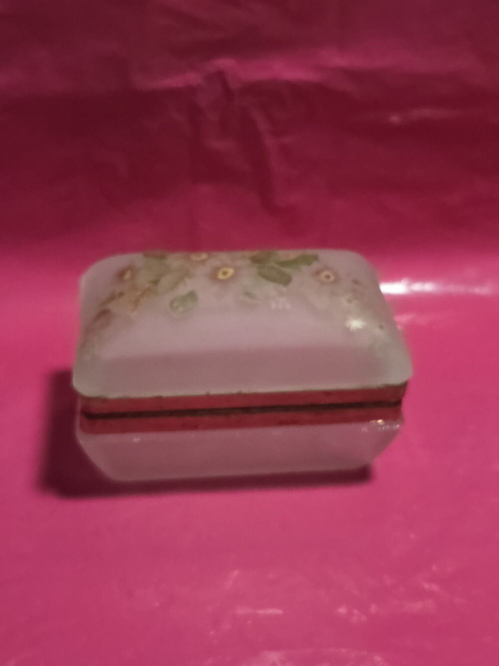 Vintage Frosted Glass Trinket Hand Painted Floral Hinged Jewelry Box